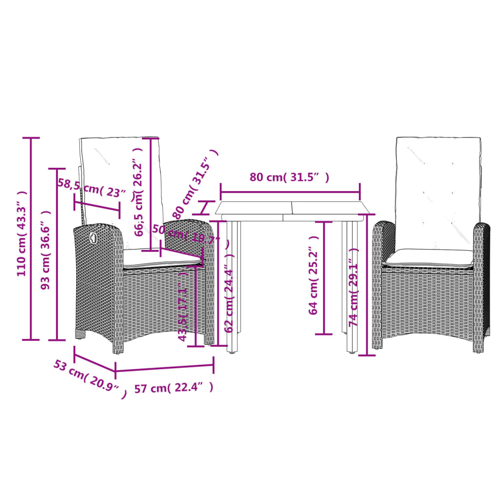 Ensemble à manger de jardin avec coussins 3 pcs Noir