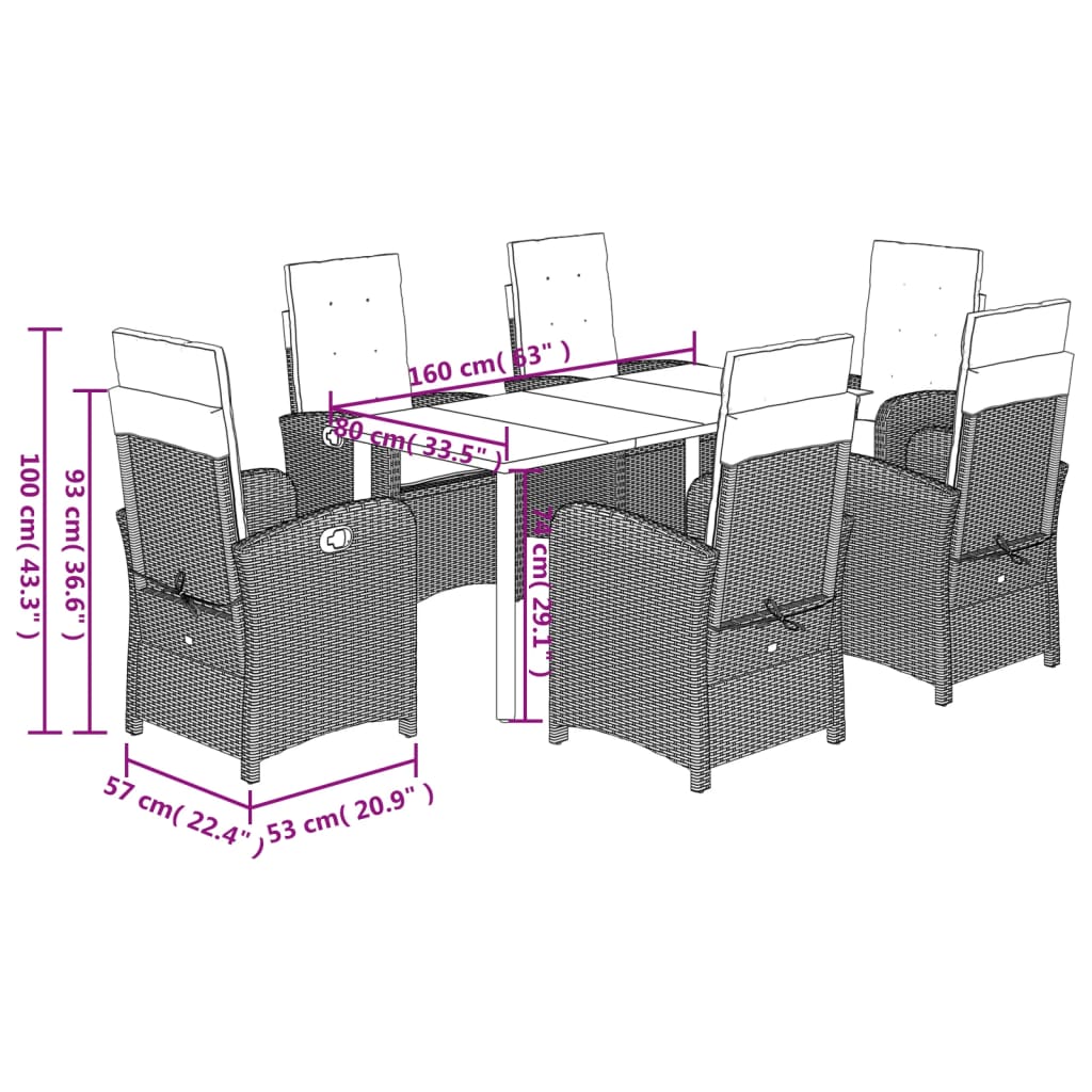 Ensemble à manger de jardin coussins 7pcs Noir Résine tressée