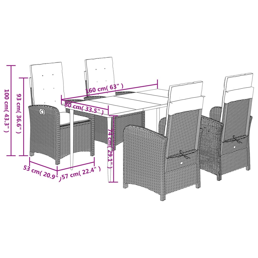 Ensemble à manger de jardin 5 pcs et coussins marron poly rotin