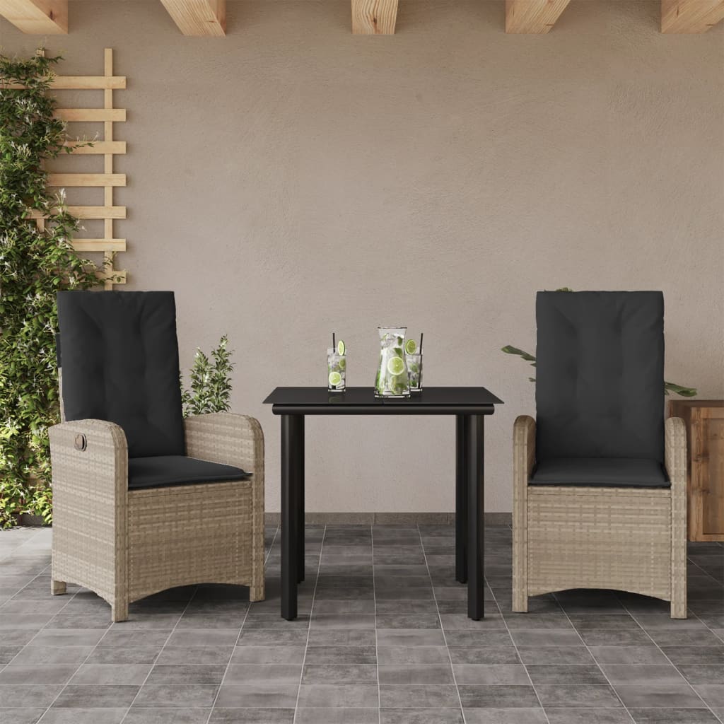 Ensemble à manger de jardin 3pcs coussins gris clair poly rotin