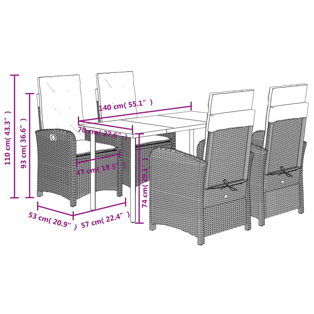 Ensemble à manger de jardin et coussins 5 pcs gris clair rotin