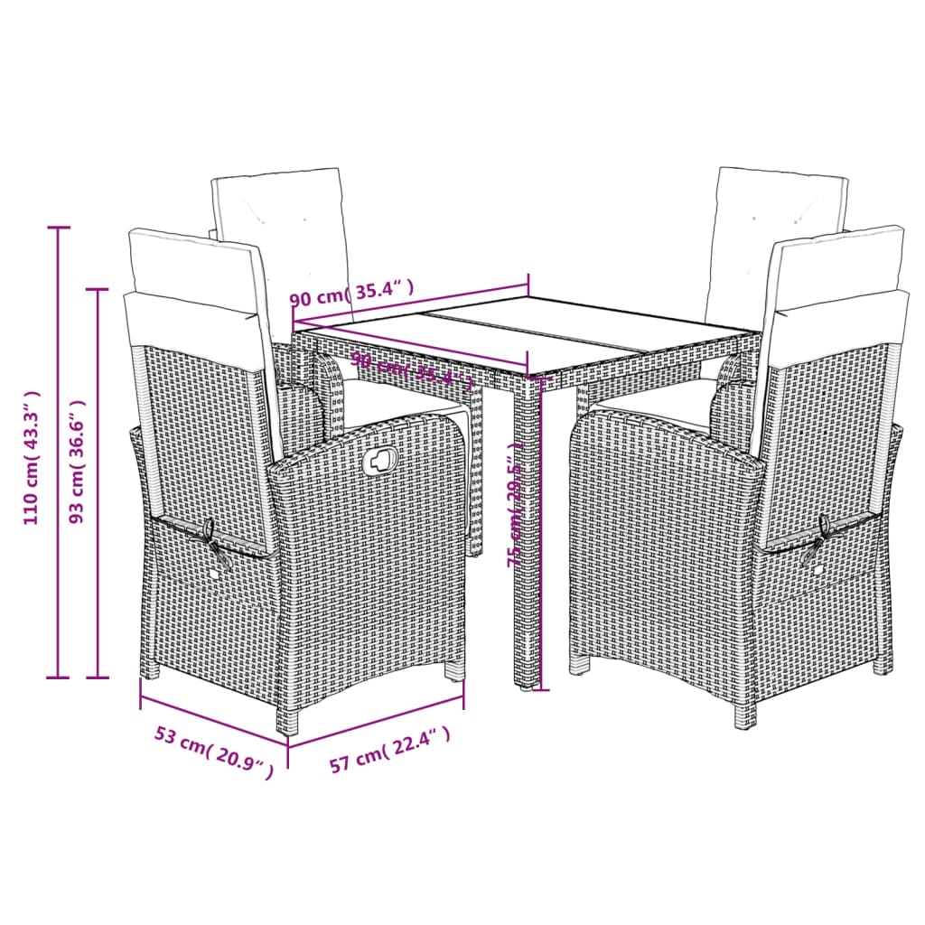 Ensemble à manger de jardin coussins 5pcs Noir Résine tressée