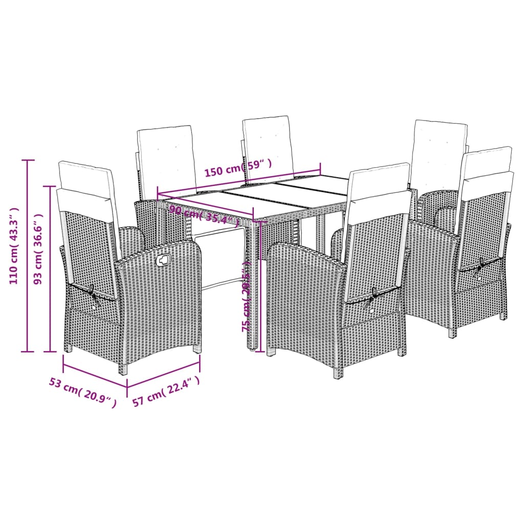 Ensemble à manger de jardin coussins 7pcs Noir Résine tressée