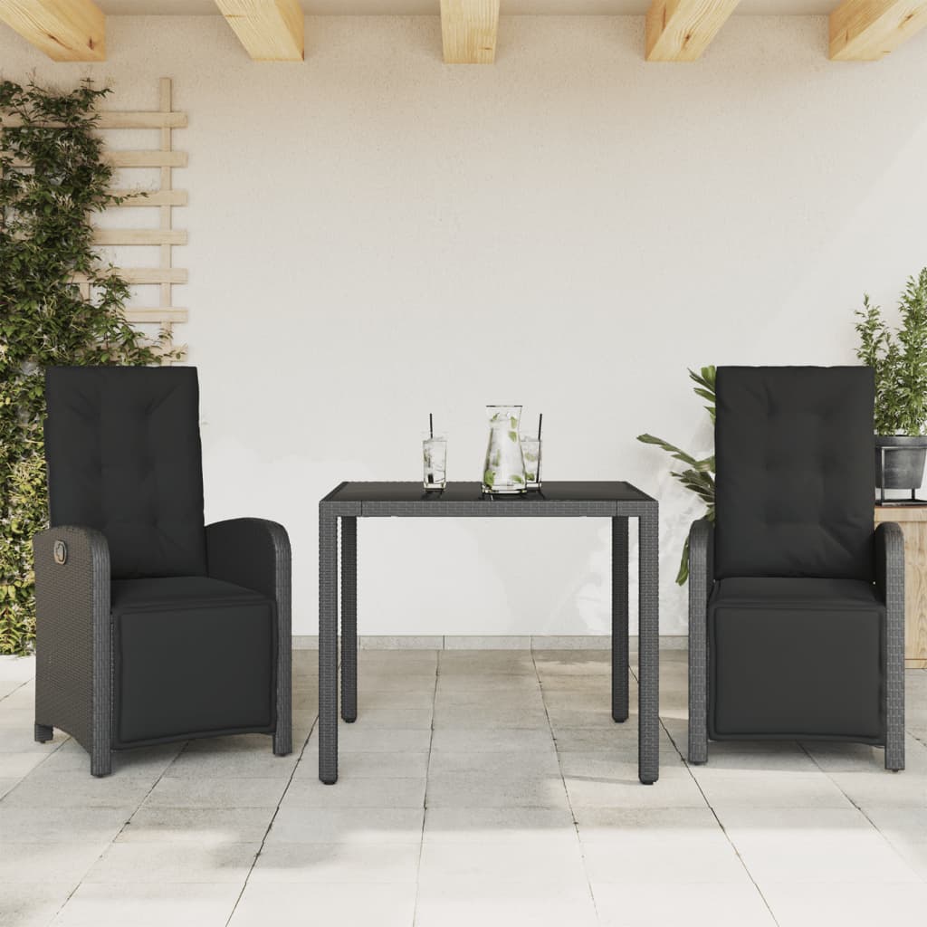 Ensemble de bistro 3 pcs avec coussins noir résine tressée