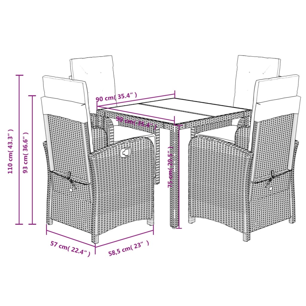 Ensemble à manger de jardin coussins 5pcs Noir Résine tressée