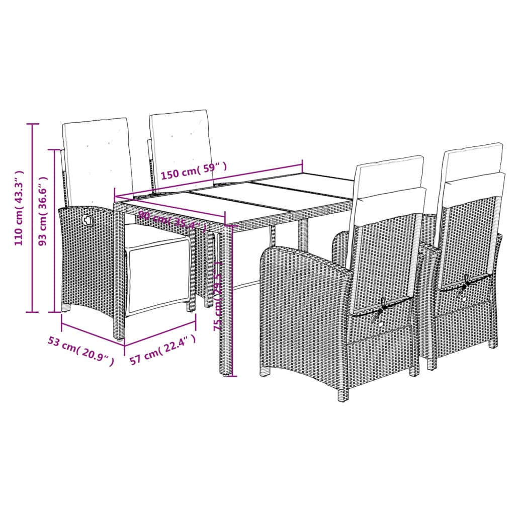 Ensemble à manger de jardin coussins 5pcs Noir Résine tressée