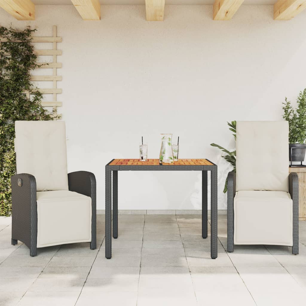 Ensemble de bistro 3 pcs avec coussins noir résine tressée