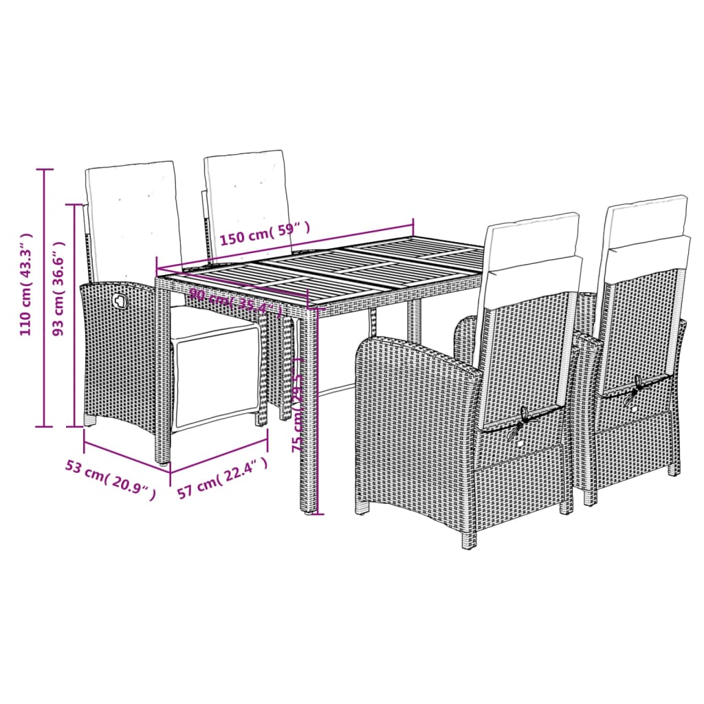 Ensemble à manger de jardin coussins 5pcs Noir Résine tressée