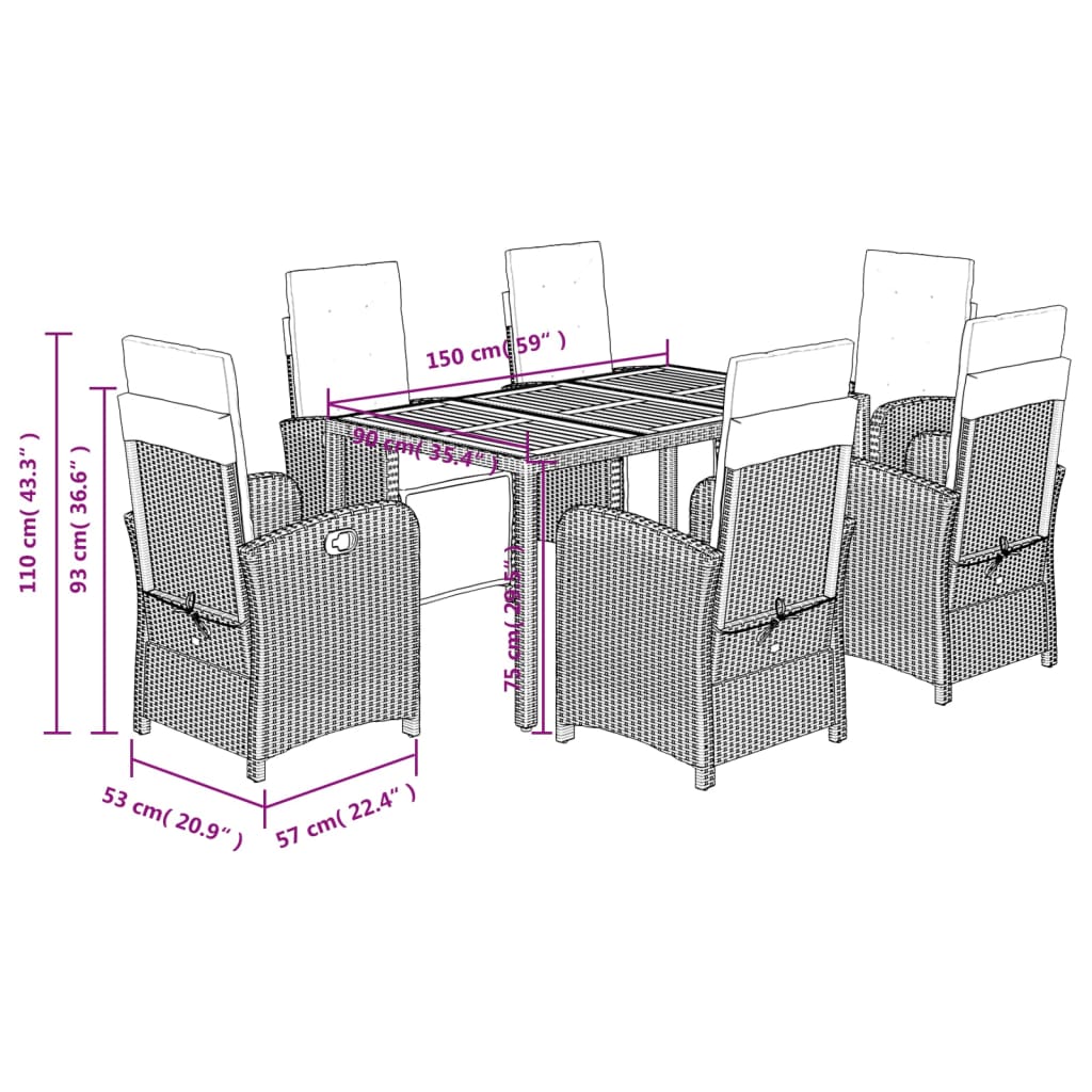 Ensemble à manger de jardin coussins 7pcs Noir Résine tressée