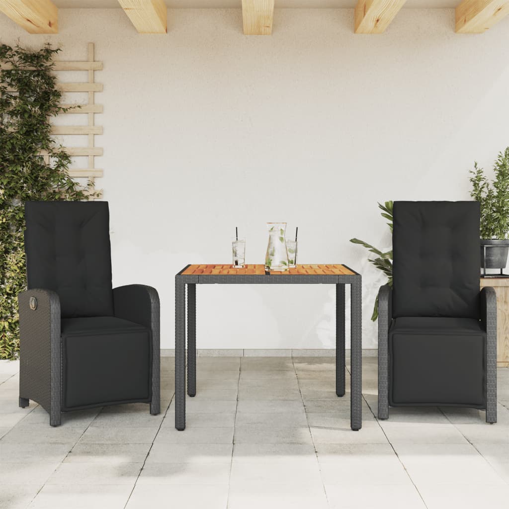 Ensemble de bistro 3 pcs avec coussins noir résine tressée