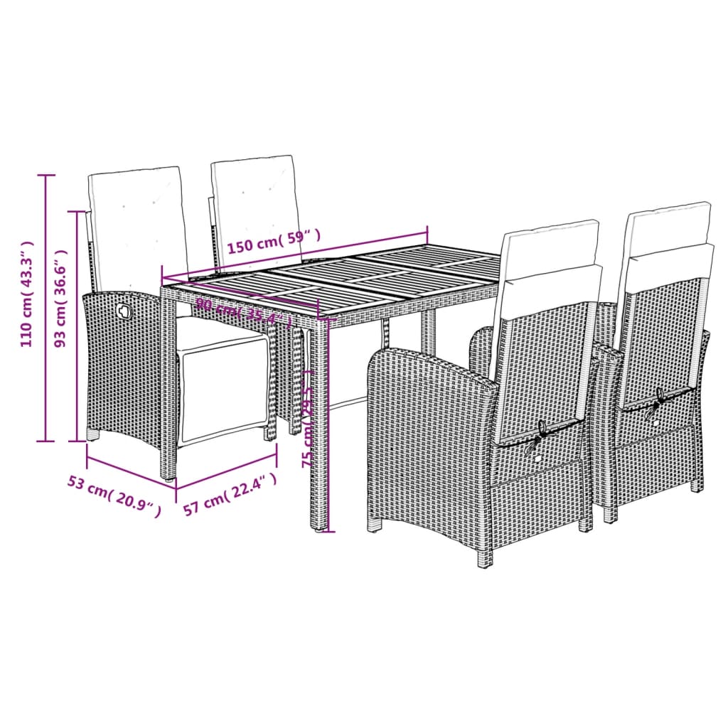 Ensemble à manger de jardin coussins 5pcs Noir Résine tressée