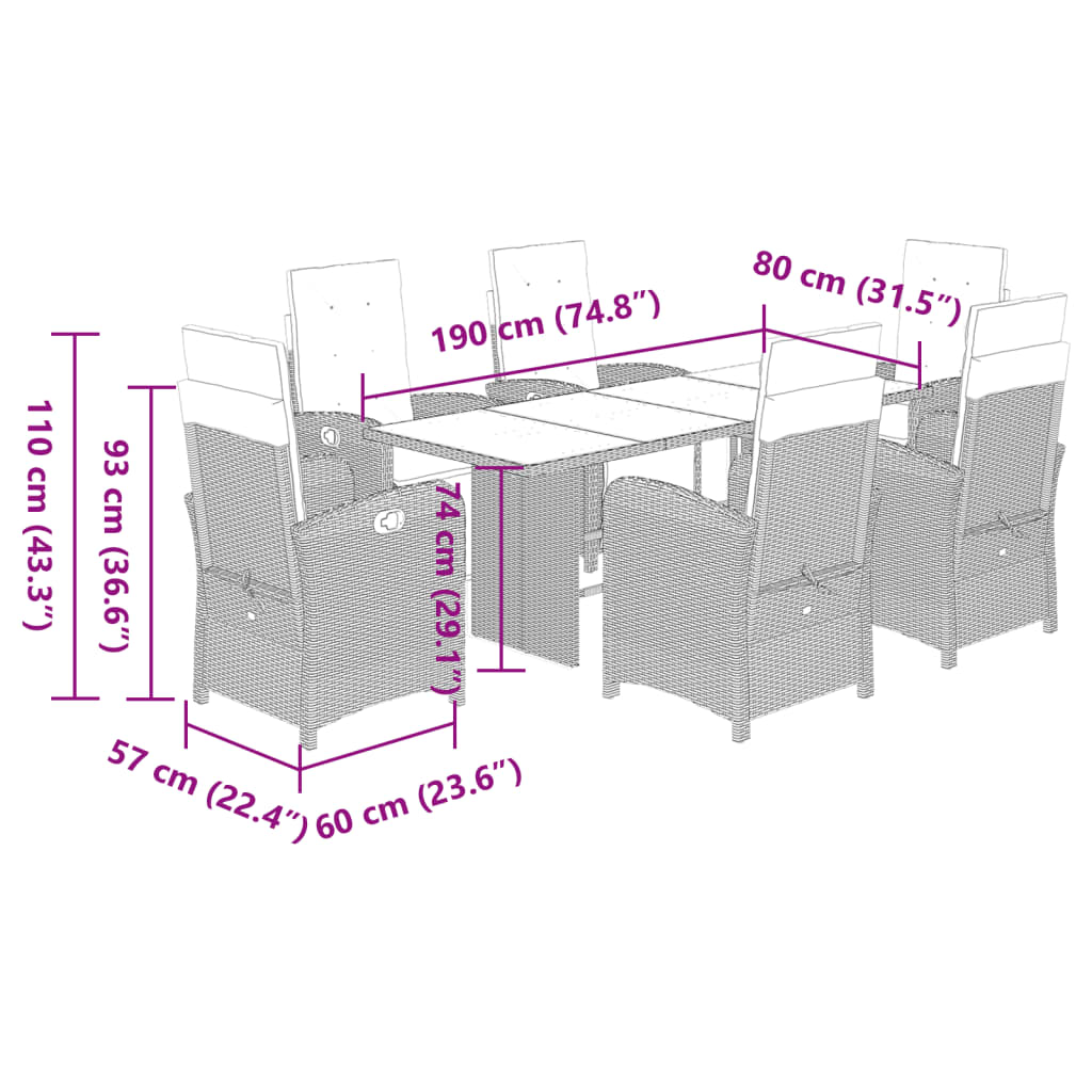 Ensemble à manger de jardin coussins 7pcs Noir Résine tressée