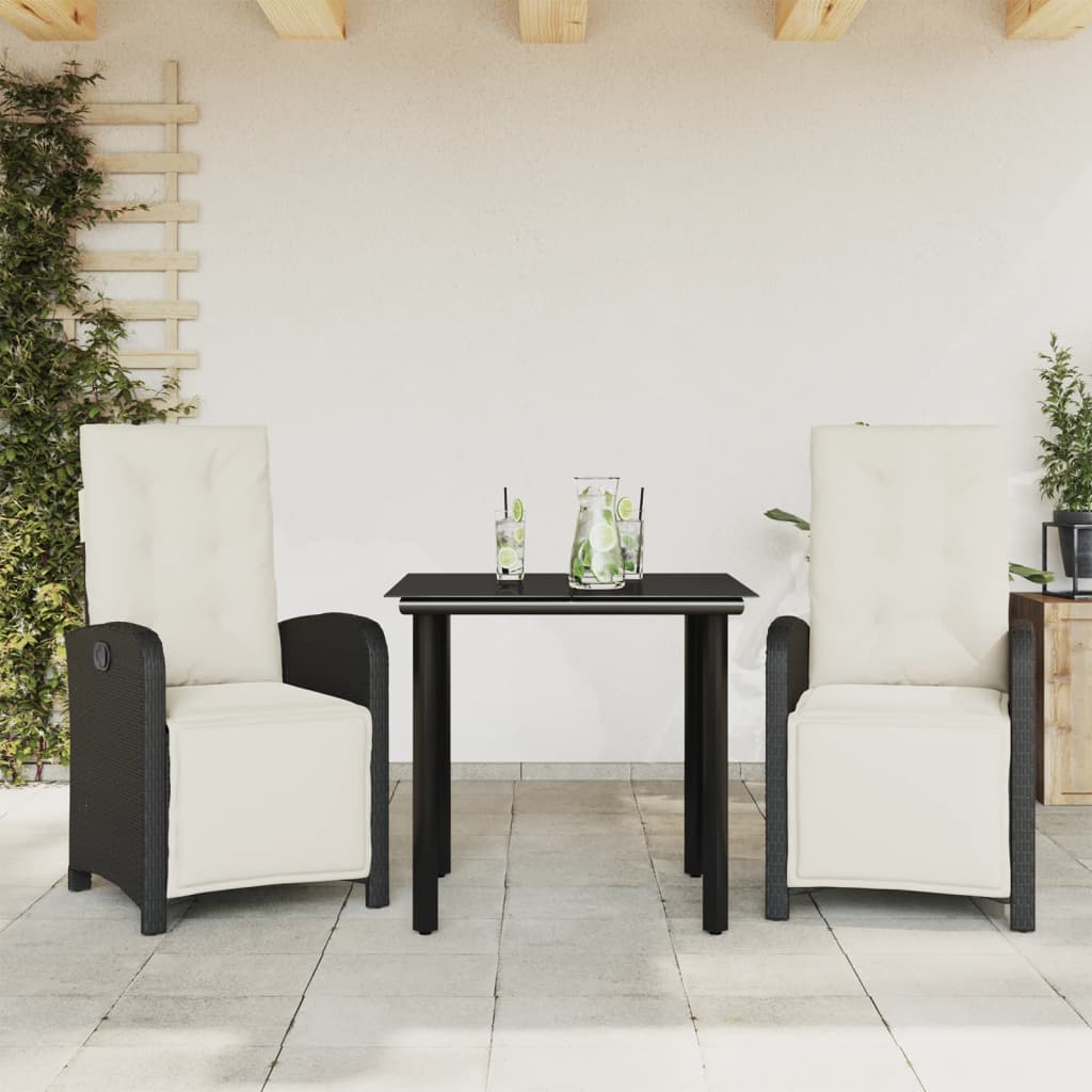 Ensemble de bistro 3 pcs avec coussins noir résine tressée