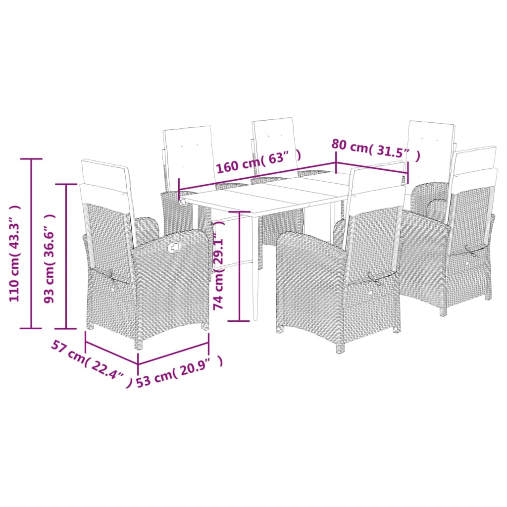 Ensemble à manger de jardin et coussins 7 pcs marron rotin