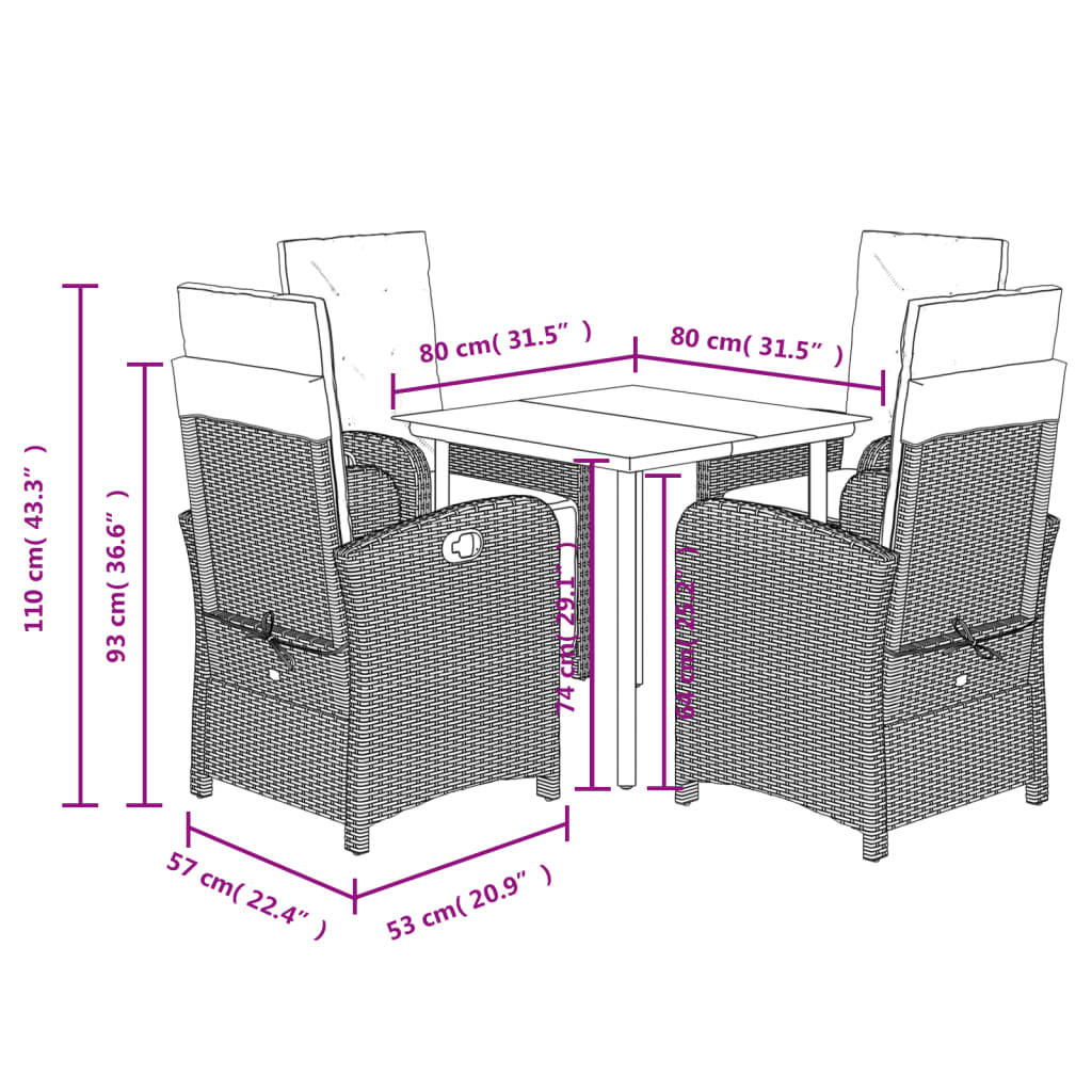 Ensemble à manger de jardin 5 pcs et coussins marron poly rotin