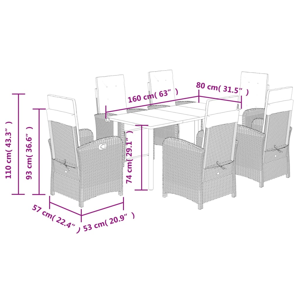 Ensemble à manger de jardin et coussins 7 pcs marron rotin