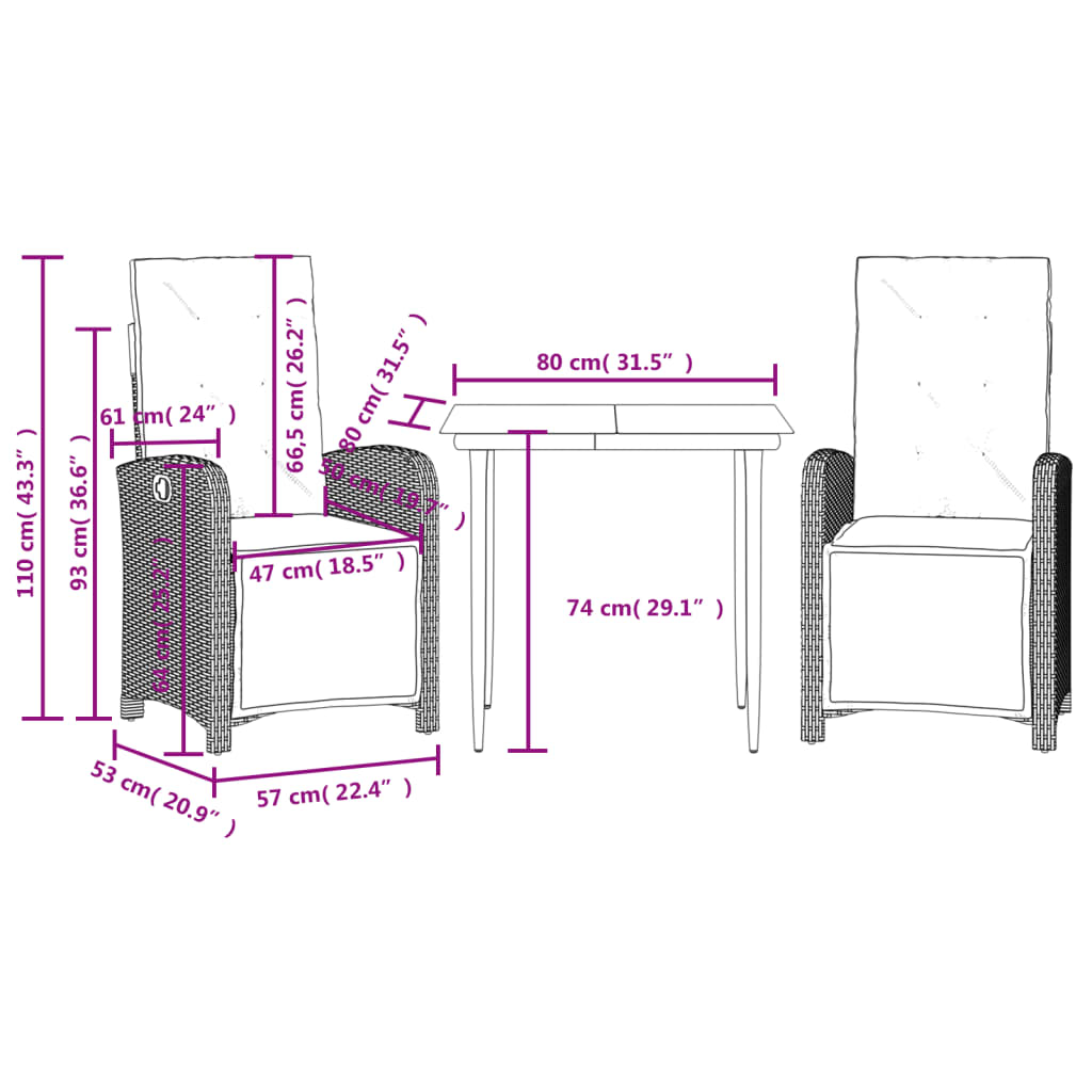 Ensemble de bistro 3 pcs avec coussins beige résine tressée