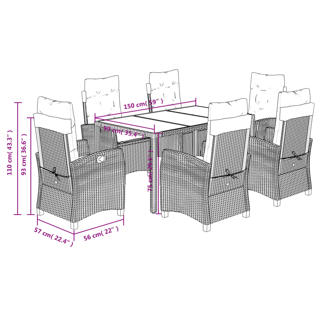 Ensemble à manger de jardin coussins 7pcs Noir Résine tressée