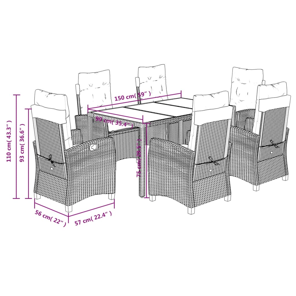 Ensemble à manger de jardin coussins 7pcs Noir Résine tressée
