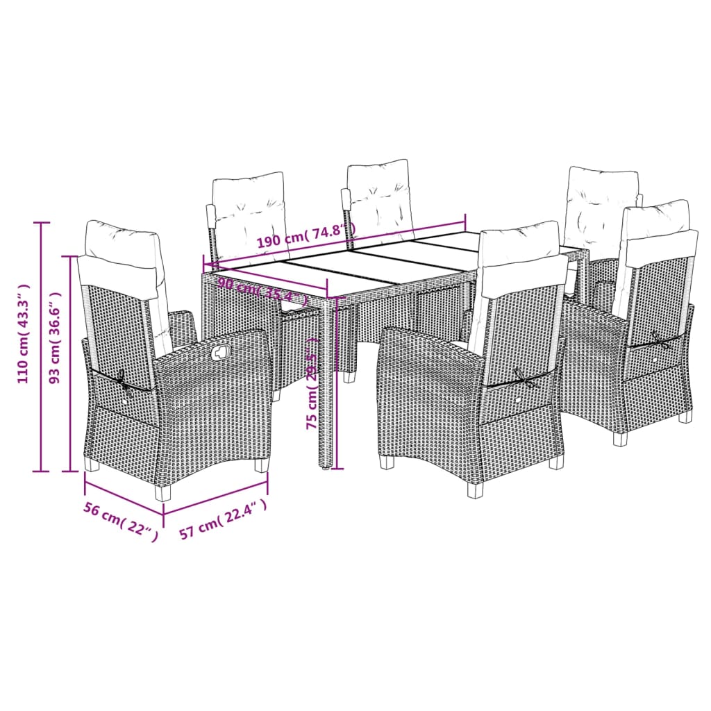 Ensemble à manger de jardin coussins 7pcs Noir Résine tressée