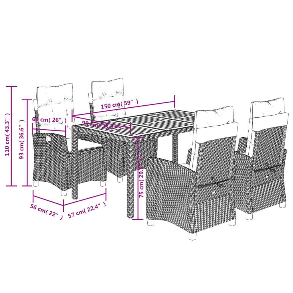 Ensemble à manger de jardin coussins 5pcs Noir Résine tressée