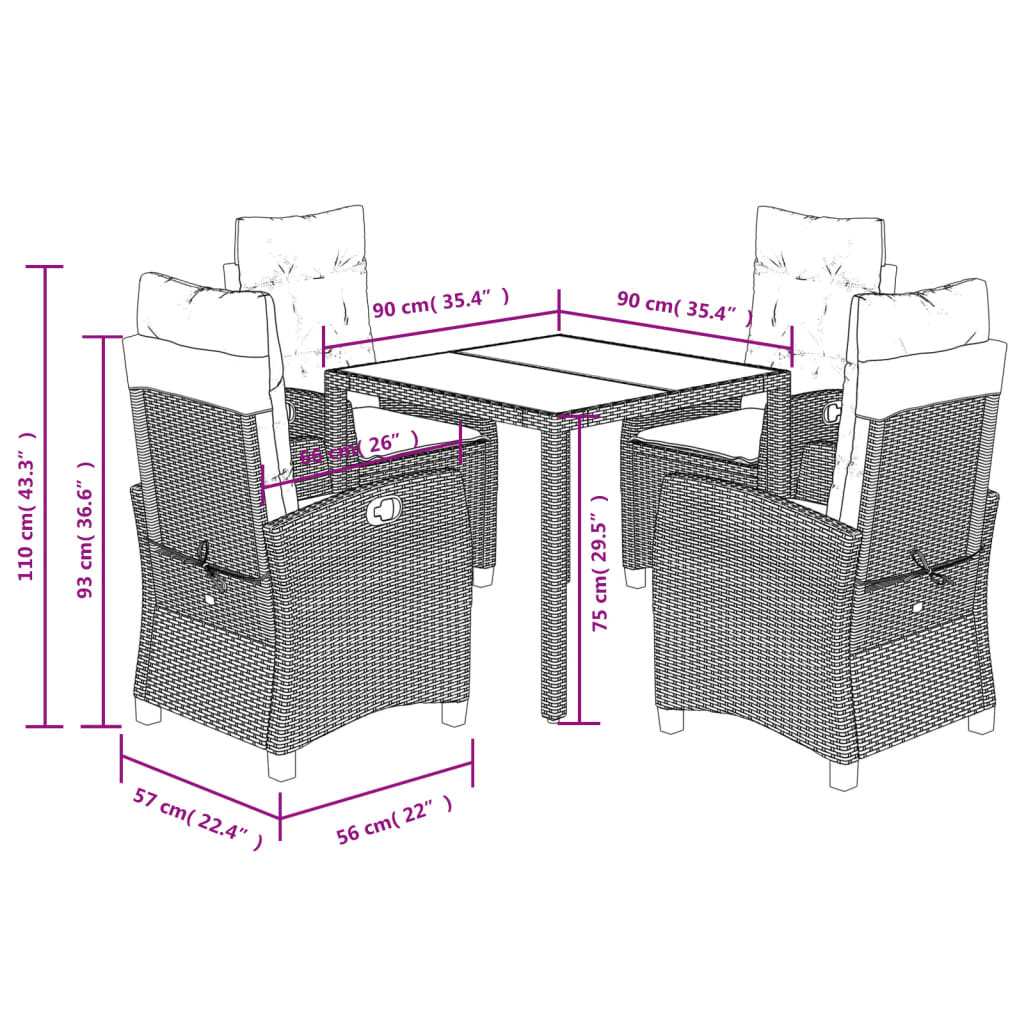 Ensemble à manger de jardin coussins 5pcs Noir Résine tressée