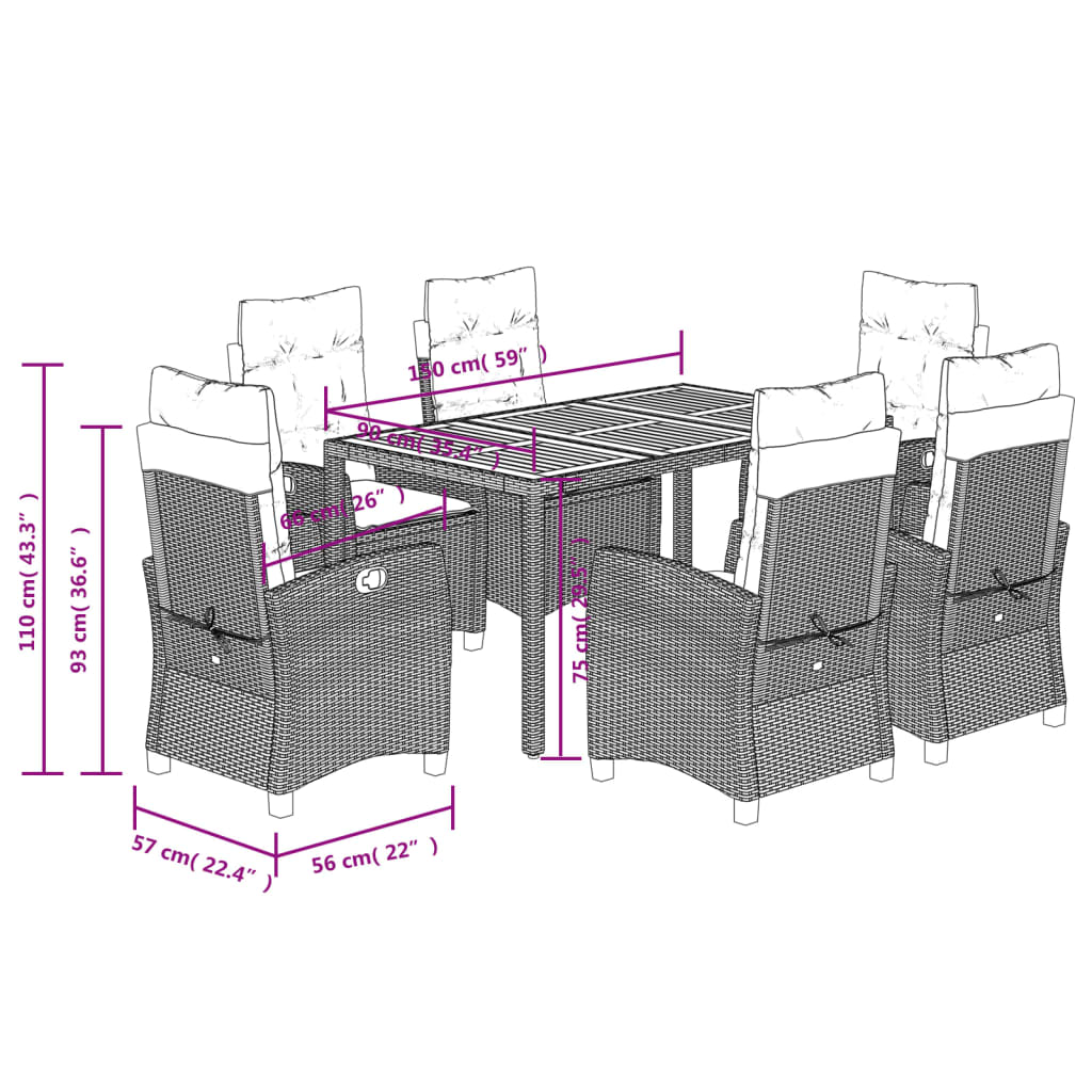 Ensemble à manger de jardin coussins 7pcs Noir Résine tressée