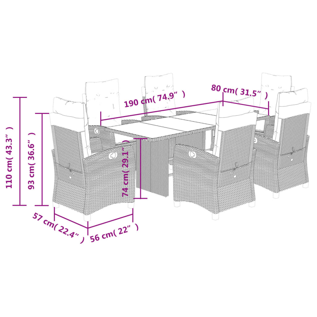 Ensemble à manger de jardin coussins 7pcs Noir Résine tressée