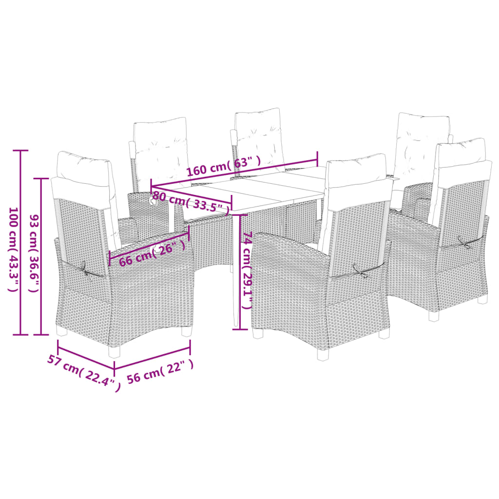 Ensemble à manger de jardin coussins 7pcs Noir Résine tressée