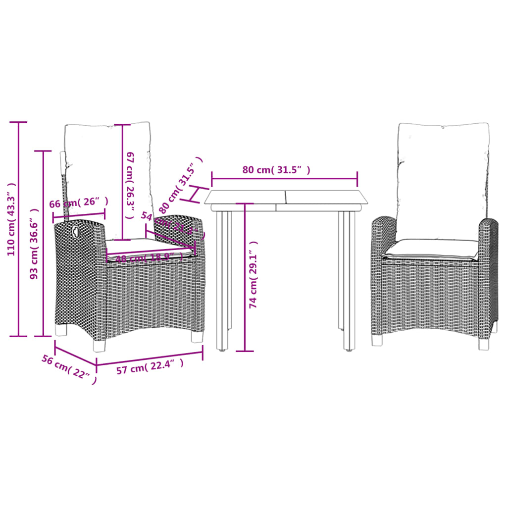 Ensemble à manger de jardin avec coussins 3 pcs Noir
