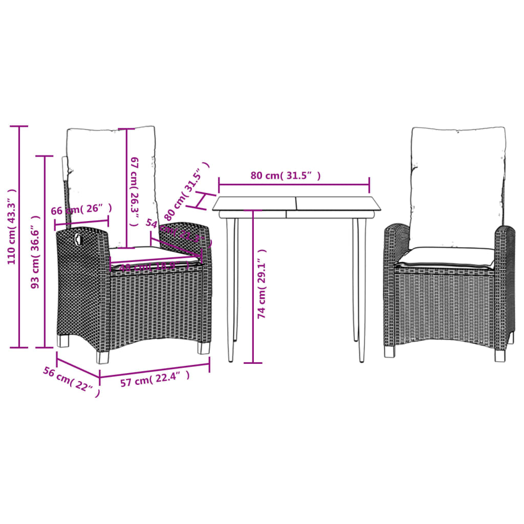 Ensemble à manger de jardin 3 pcs et coussins marron poly rotin