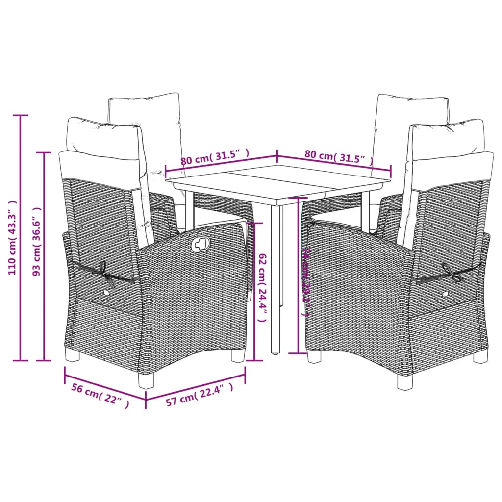 Ensemble à manger de jardin 5 pcs et coussins marron poly rotin