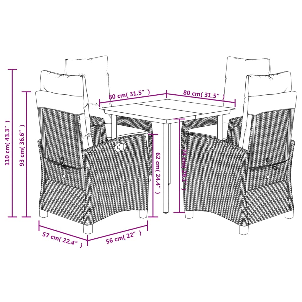 Ensemble à manger de jardin 5 pcs coussins gris résine tressée