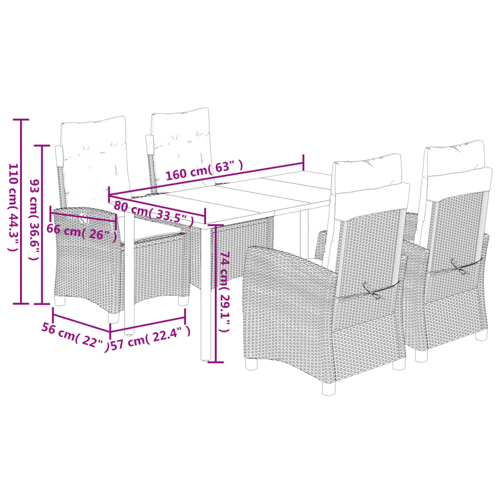 Ensemble à manger de jardin avec coussins 5pcs Beige poly rotin