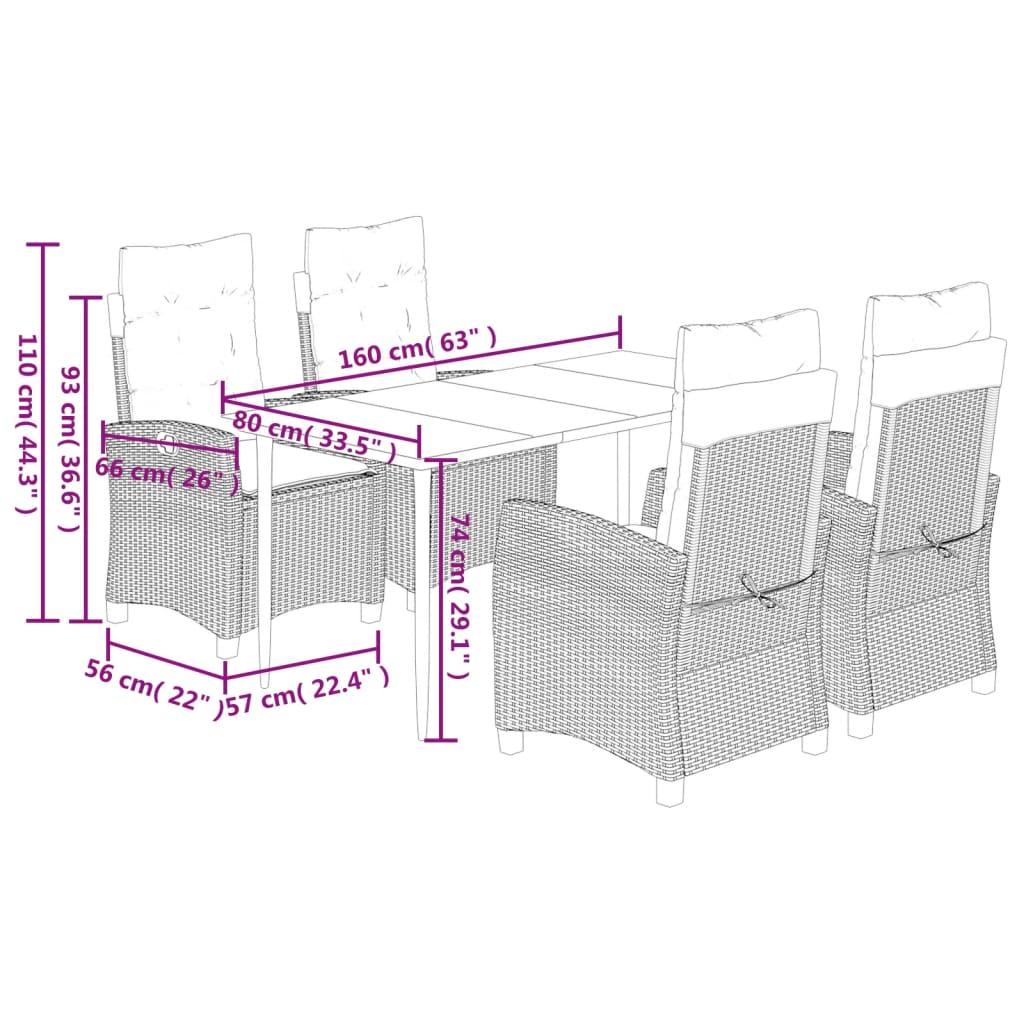 Ensemble à manger de jardin et coussins 5 pcs gris clair rotin