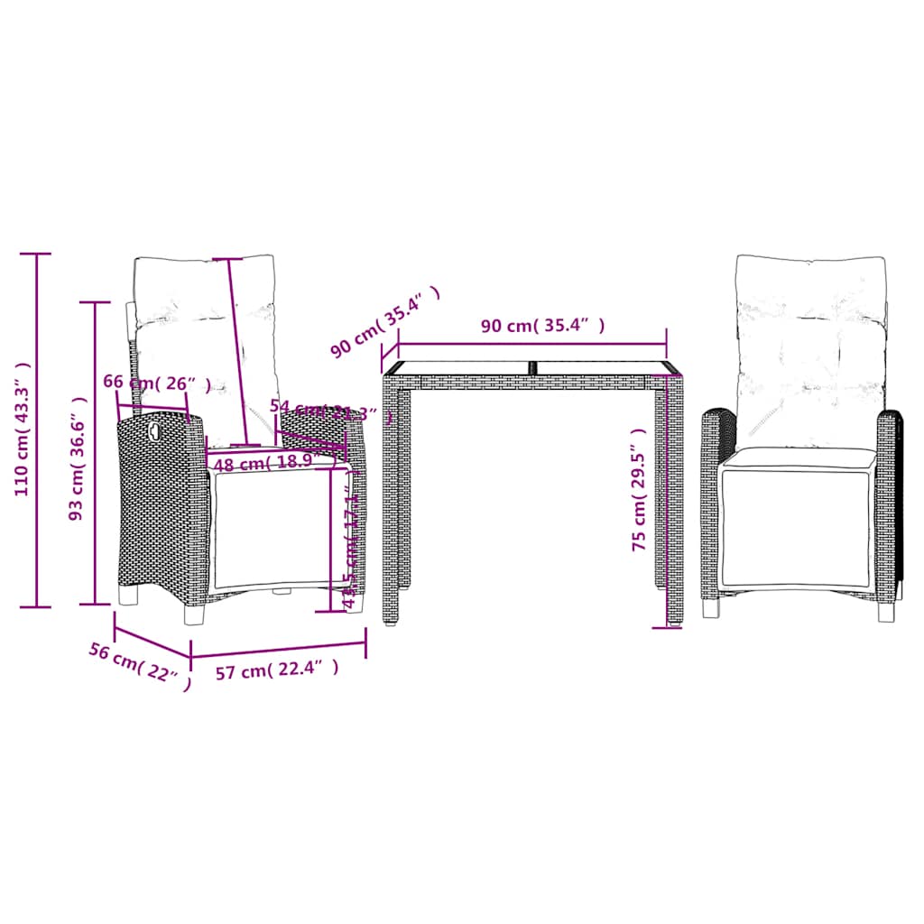 Ensemble à manger de jardin avec coussins 3 pcs Noir