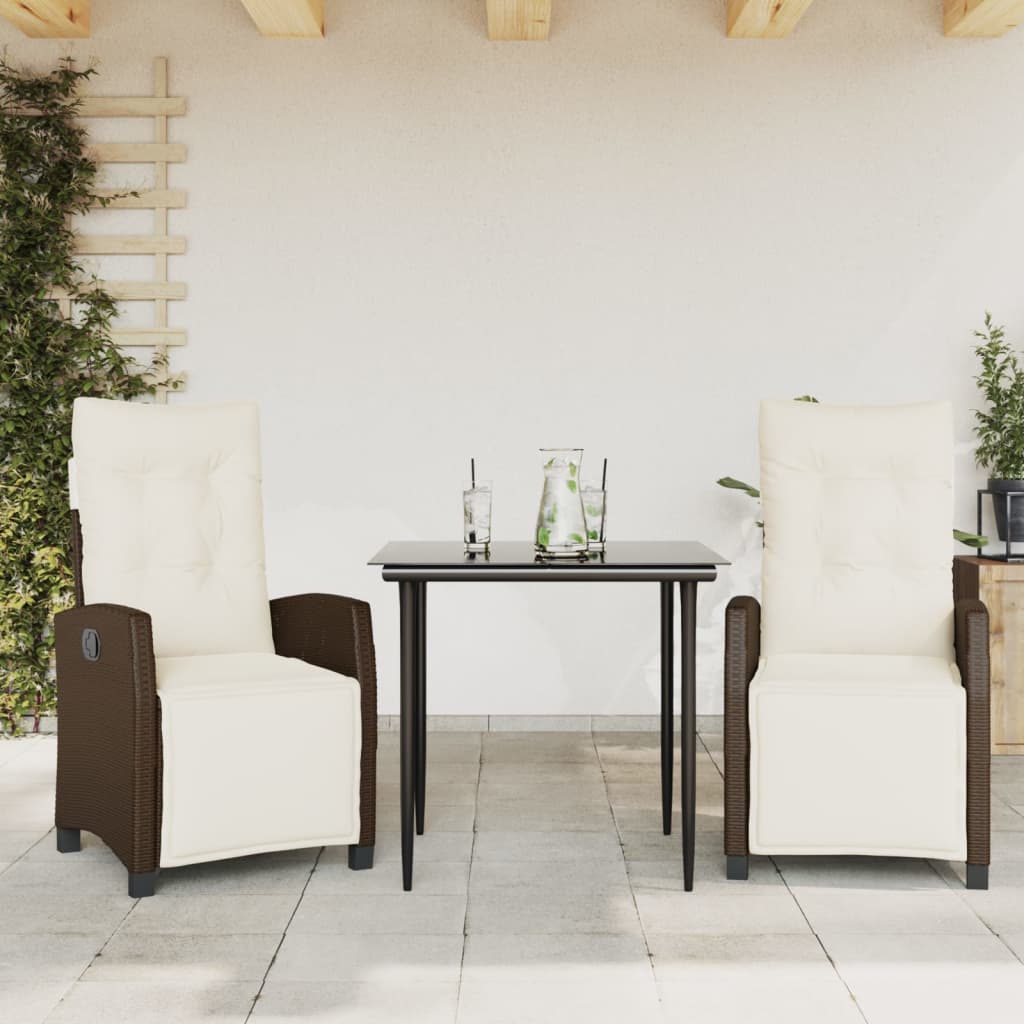 Ensemble à manger de jardin 3 pcs et coussins marron poly rotin