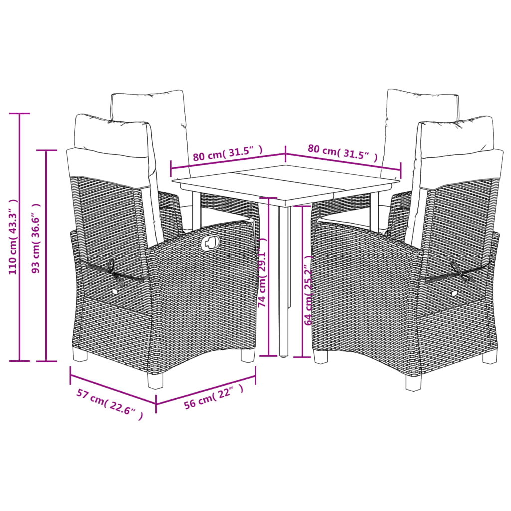 Ensemble à manger de jardin 5 pcs et coussins marron poly rotin