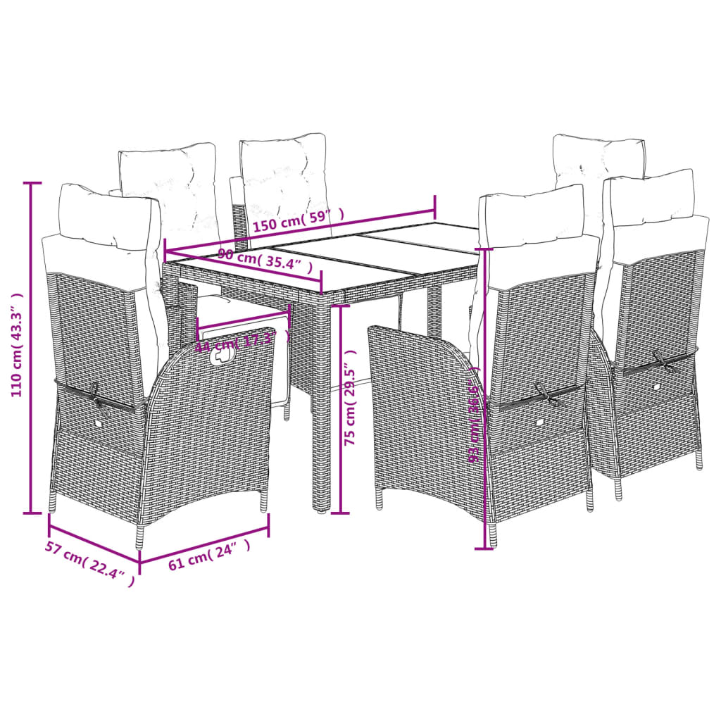 Ensemble à manger de jardin et coussins 7 pcs gris rotin