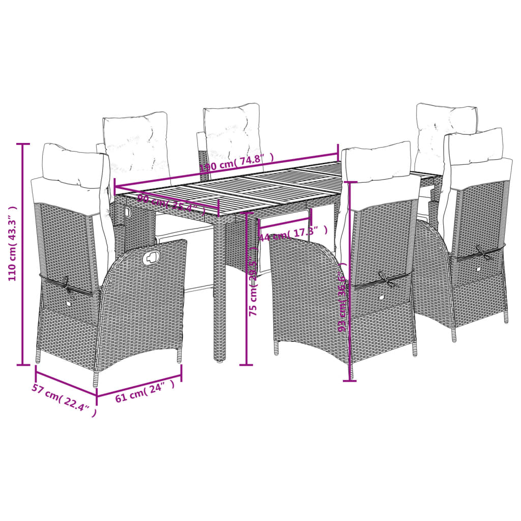 Ensemble à manger de jardin coussins 7pcs Noir Résine tressée