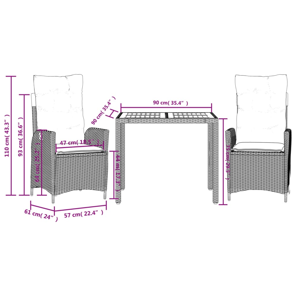 Ensemble à manger de jardin avec coussins 3 pcs Noir