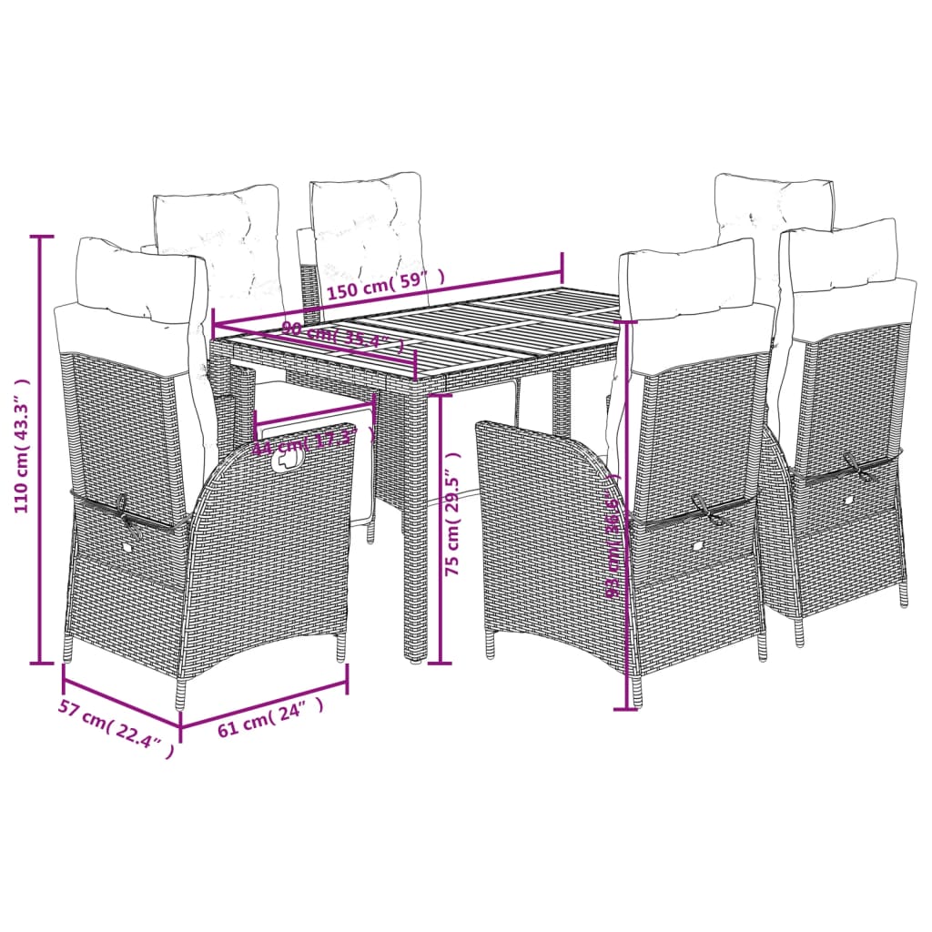 Ensemble à manger de jardin coussins 7pcs Noir Résine tressée