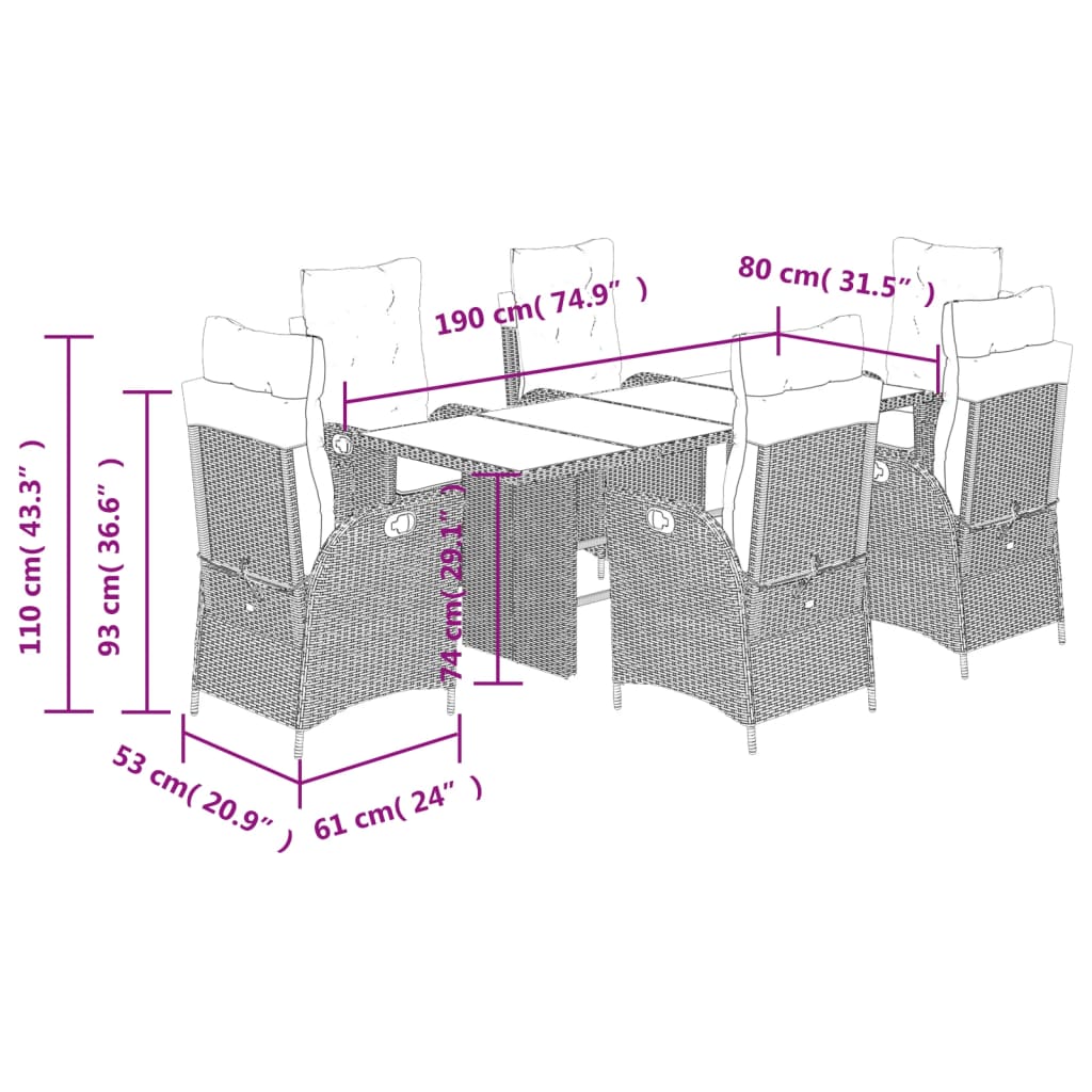 Ensemble à manger de jardin coussins 7pcs Noir Résine tressée