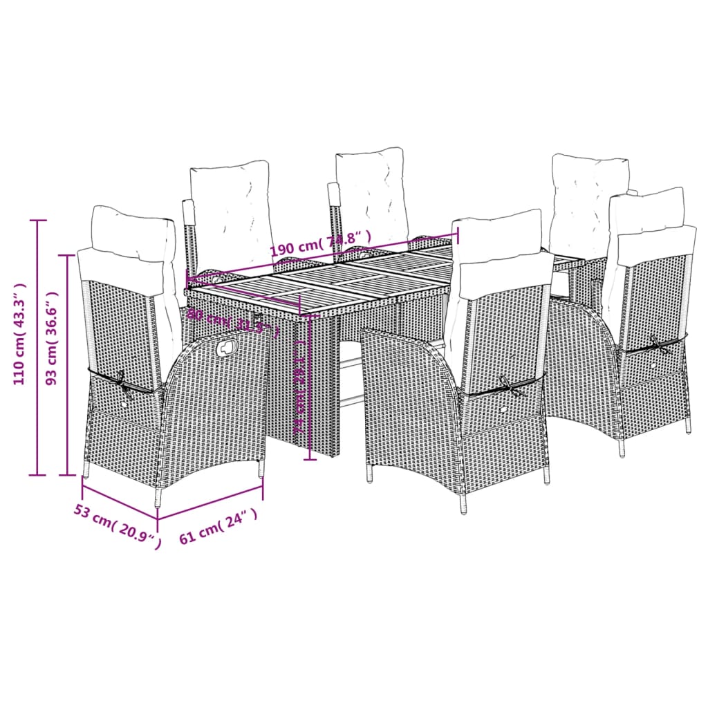 Ensemble à manger de jardin coussins 7pcs Noir Résine tressée