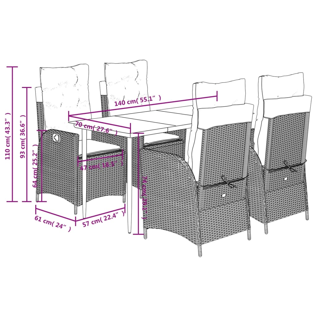 Ensemble à manger de jardin coussins 5pcs Noir Résine tressée