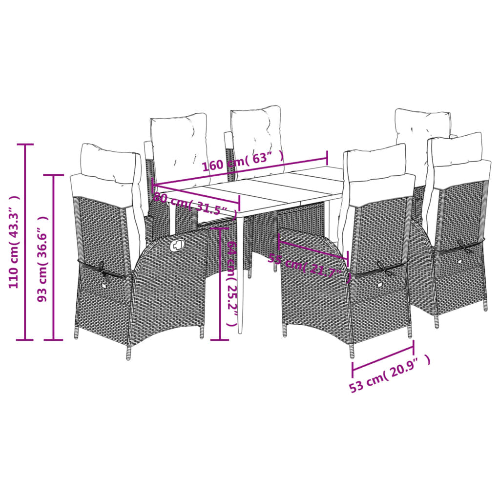 Ensemble à manger de jardin coussins 7pcs Noir Résine tressée