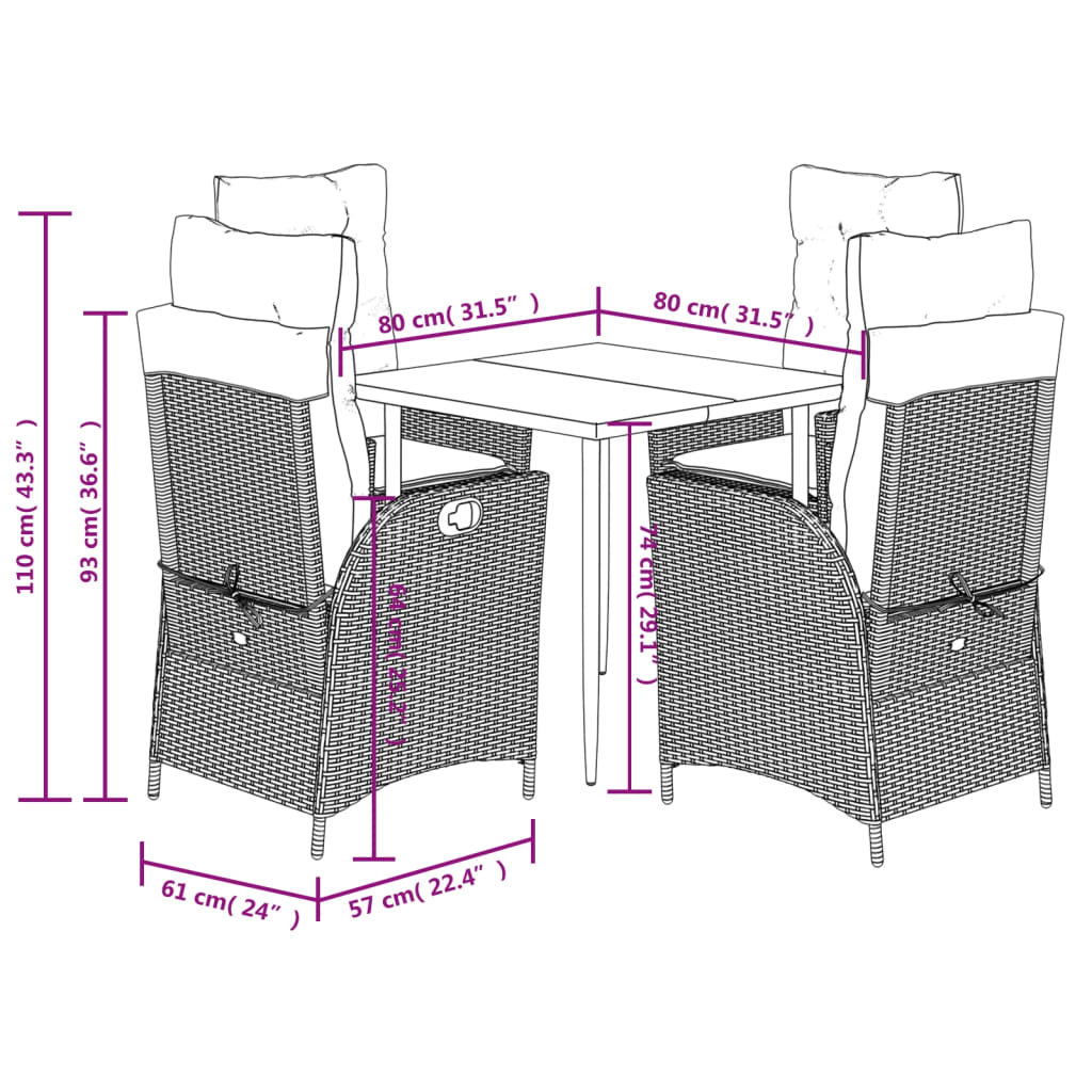 Ensemble à manger de jardin coussins 5pcs Noir Résine tressée