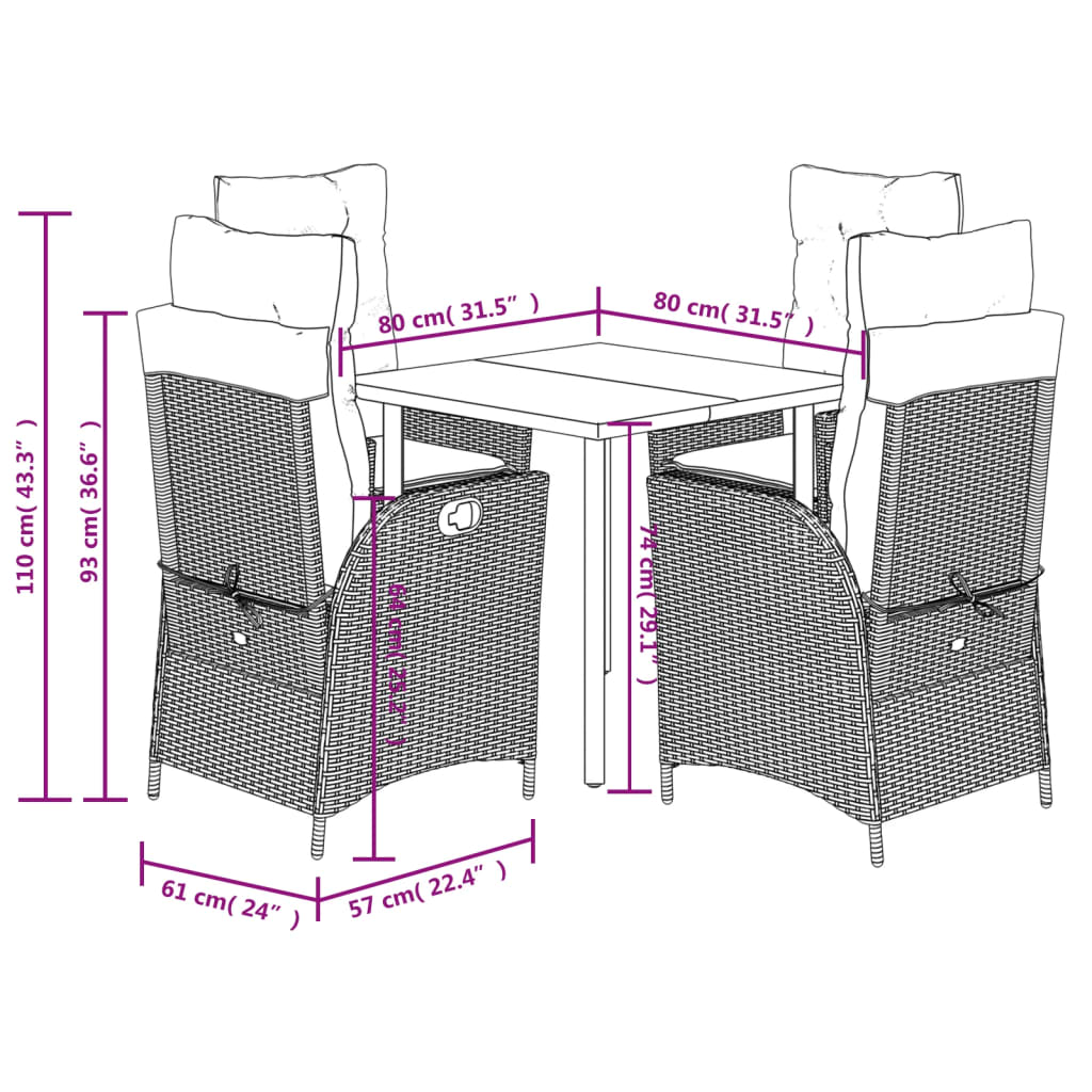 Ensemble à manger de jardin coussins 5pcs Noir Résine tressée