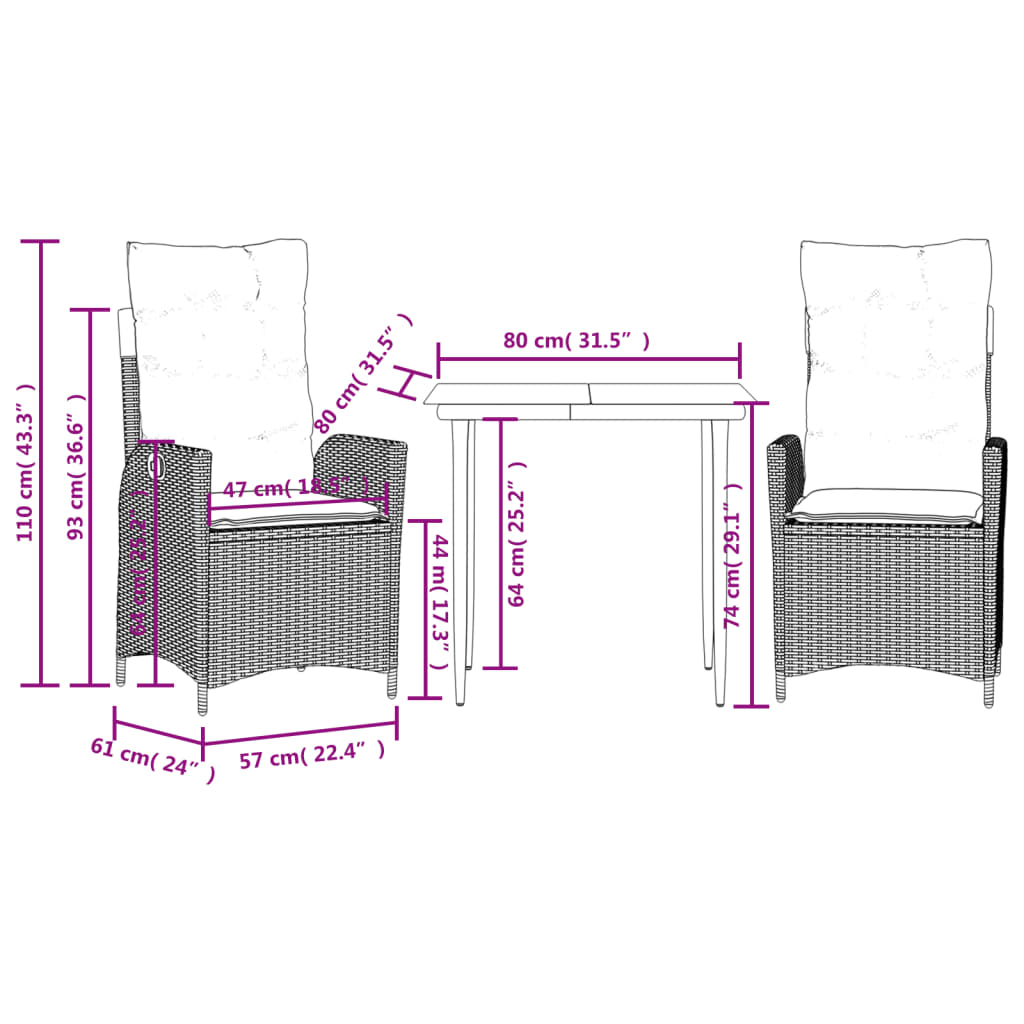 Ensemble à manger de jardin 3pcs coussins gris clair poly rotin