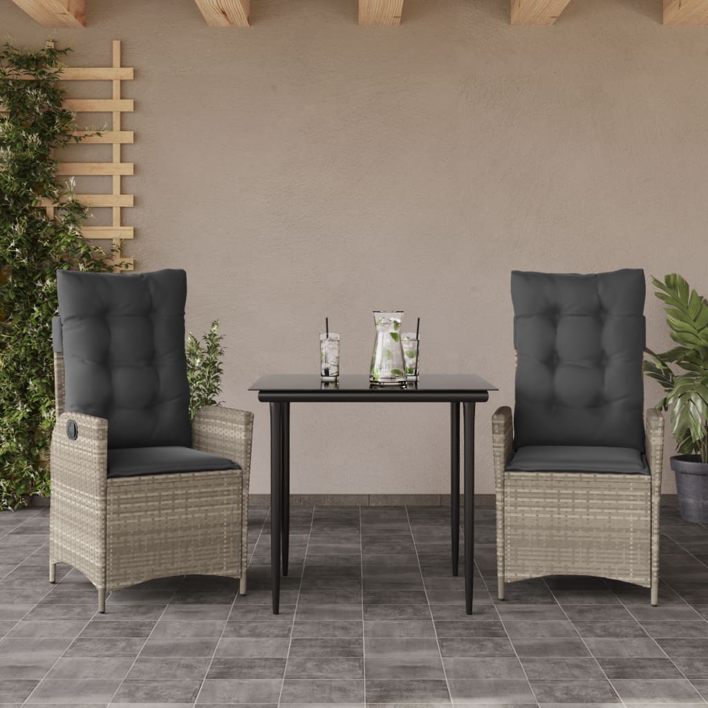 Ensemble à manger de jardin 3pcs coussins gris clair poly rotin